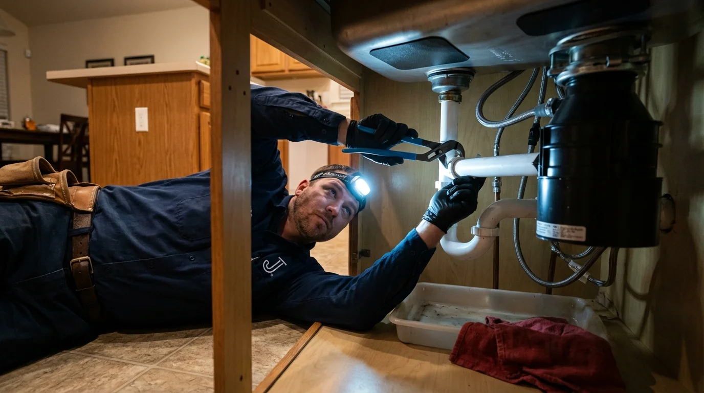P-trap and supply line connections under a kitchen sink showing a common leak point in Danville, KY
